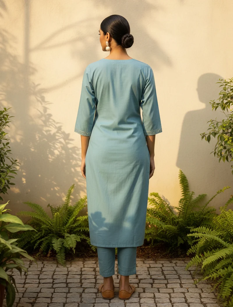 ترو برونز trueBrowns Light Blue Embroidered Straight Kurta Pant Dupatta Set